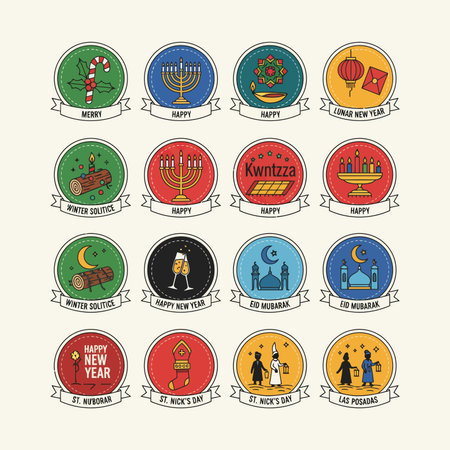 Happy Hanukkah, Jewish holiday flat icons set. Vector illustrationのイラスト素材