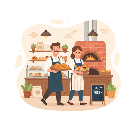 Bakery shop. Man and woman in apron selling bread. Vector illustrationのイラスト素材