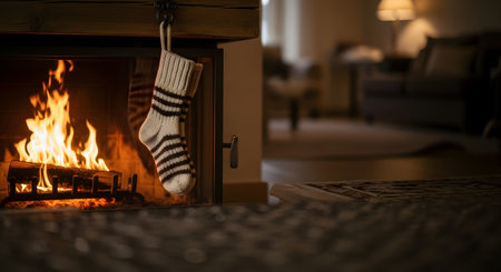 A warm fireplace with a Christmas stocking hanging beside it, creating a cozy and inviting atmosphere in a dimly lit room.の写真素材