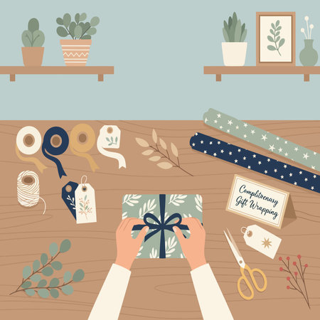 Overhead view of hands tying a ribbon on a beautifully wrapped gift box, surrounded by wrapping paper, scissors, and decorative elements on a wooden table.のイラスト素材