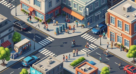 A vibrant isometric view of a bustling city street intersection, featuring diverse pedestrians, cars, and buses, surrounded by buildings and trees.の写真素材