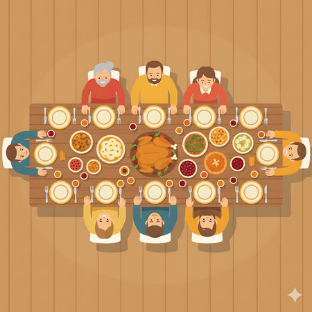 An overhead flat lay illustration of a diverse group of family and friends gathered around a wooden dining table, enjoying a festive Thanksgiving dinner with a roasted turkey and various side dishes.の写真素材