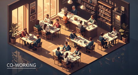 Isometric view of a co-working space filled with people working at tables and socializing. Warm...