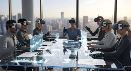 A group of diverse business people wearing VR headsets are engaged in a virtual meeting around a...