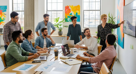 A diverse group of professionals gathers around a table for a collaborative meeting, discussing ideas and strategies in a modern office setting.の写真素材