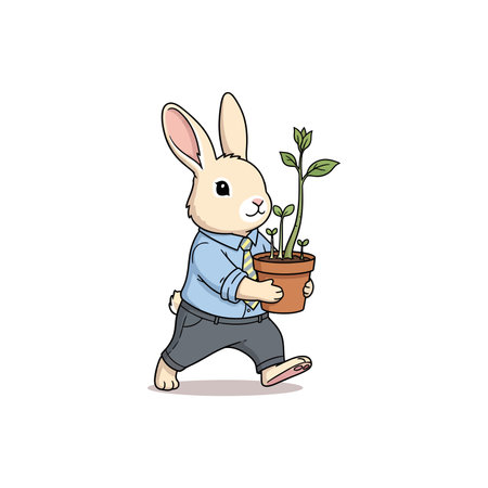A cute rabbit dressed in casual attire is holding a potted plant, walking forward.のイラスト素材