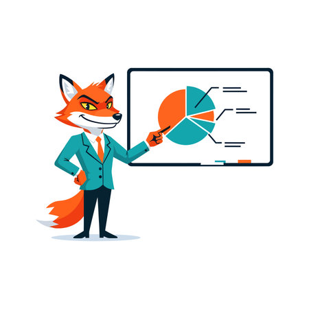 A cartoon fox dressed in a suit points to a pie chart on a whiteboard, illustrating business analytics and financial reporting.のイラスト素材