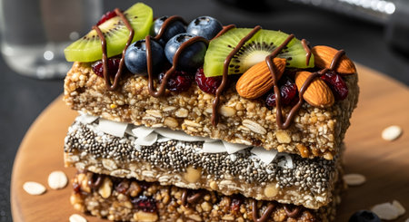A stack of granola bars topped with kiwi, blueberries, almonds, and chocolate drizzle, placed on a wooden board.の写真素材