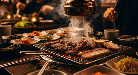 A vibrant and mouth-watering scene of a Korean BBQ dinner, featuring various cuts of meat sizzling on a grill, surrounded by an array of traditional banchan side dishes and a smoky ambiance.の写真素材