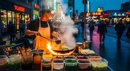 A street food vendor is cooking with fire in a wok, surrounded by ingredients and customers, in a vibrant city at night.の写真素材