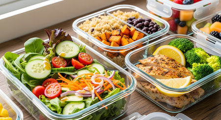 Glass containers filled with healthy meals including salad, chicken, and grains, ready for meal...