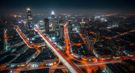 Aerial view of a city at night, showcasing skyscrapers, roads, and vibrant lights creating a dynamic...