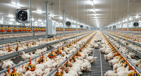 An interior shot of a large-scale poultry farm, showcasing rows of chickens in a controlled environment with ventilation systems.の写真素材