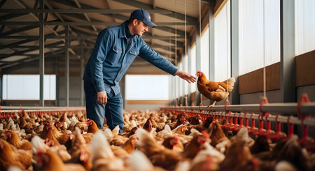 A farmer in a blue jumpsuit and cap reaches out to a chicken in a large poultry farm, surrounded by many chickens.の写真素材