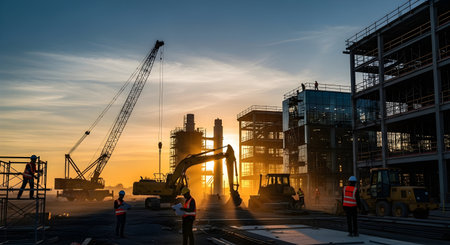 A new steel frame building under construction with cranes and excavators silhouetted against a...