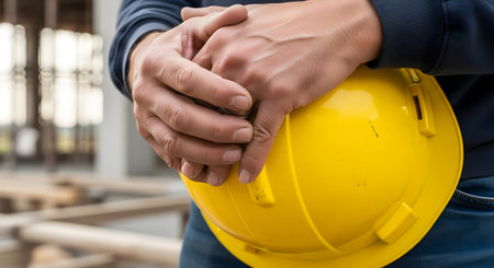 Close up shot of a manual laborers hands with a bandage, holding a yellow hard hat. The background is a blurred industrial or construction site, emphasizing safety and work.の写真素材