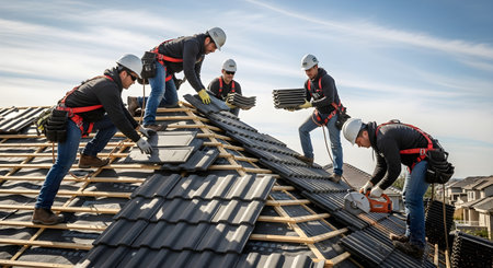 A team of roofers in safety gear installing new shingles on a residential house under construction.の写真素材