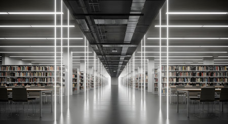 A long, symmetrical view of a contemporary library interior featuring rows of bookshelves, study tables, and striking vertical light strips creating a futuristic and organized atmosphere.の写真素材