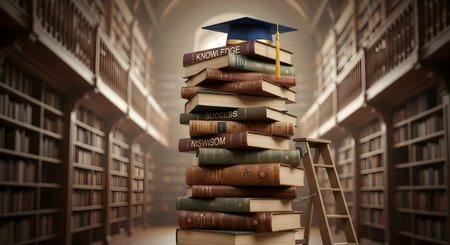 A tall stack of books topped with a graduation cap in a library, symbolizing education and knowledge.の写真素材