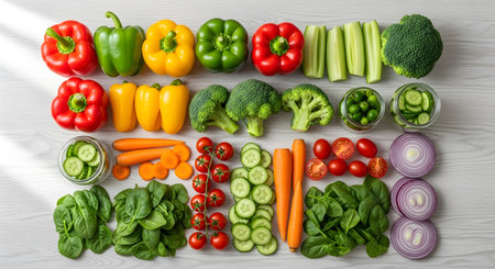A vibrant assortment of fresh vegetables, including bell peppers, broccoli, carrots, and more,...