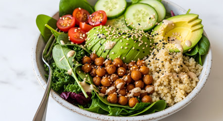 A vibrant vegan bowl featuring fresh spinach, avocado, roasted chickpeas, quinoa, tomatoes, and cucumbers, perfect for a nutritious and delicious meal.の写真素材