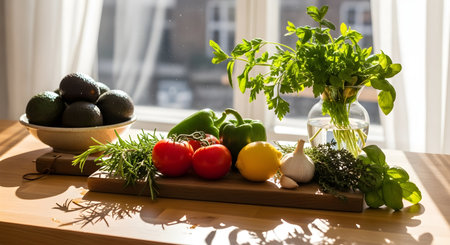 A vibrant assortment of fresh produce including avocados, tomatoes, bell peppers, lemon, garlic, and herbs, bathed in natural sunlight.の写真素材