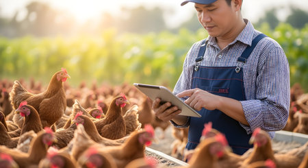 A farmer in overalls and a cap checks data on a tablet amidst a large flock of brown chickens in a sunlit field.の写真素材