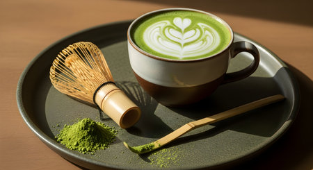 A vibrant matcha latte with latte art sits on a tray alongside a bamboo whisk and spoon, showcasing the preparation of this traditional Japanese beverage.の写真素材
