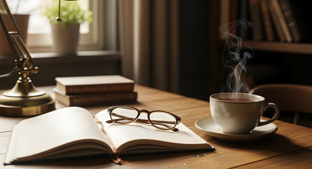 An inviting indoor scene featuring an open book with reading glasses resting on its pages, a...