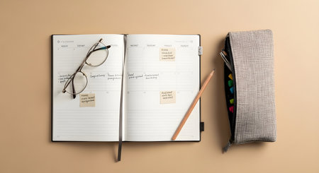 An overhead shot of an open planner, a pair of reading glasses, and a pencil, neatly arranged next to a fabric pencil case on a clean, neutral-toned surface. The image conveys organization, planning, and study.の写真素材