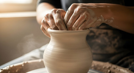 Close-up of hands molding clay on a spinning pottery wheel, crafting a vase. The process showcases the skill and artistry involved in pottery making.の写真素材