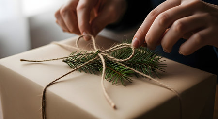 Close-up of hands tying a natural twine bow on a gift wrapped in brown paper, adorned with a small...