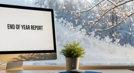 A computer monitor displays an End of Year Report on a desk by a window showing a tranquil, frosty...