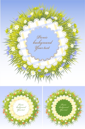 Set Picnic frames with grass and flowers for spring or summerのイラスト素材