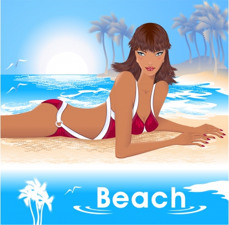 Beautiful Girl on Beach with sea, with palm のイラスト素材