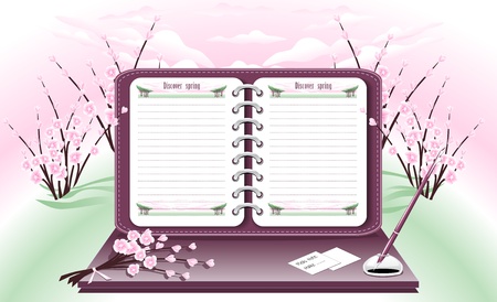 Notepad with pen on the background of the spring gardenのイラスト素材