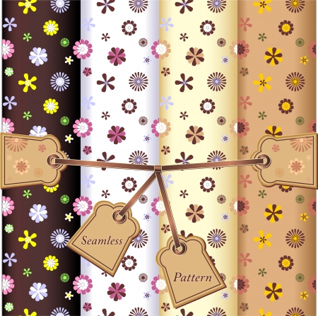 Set Seamless flowers patterns on white black yellow and brown background  with labels and ribbonのイラスト素材