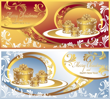 Set Post cards or banners with gifts for Christmas and New Year in red gold blue colorsのイラスト素材