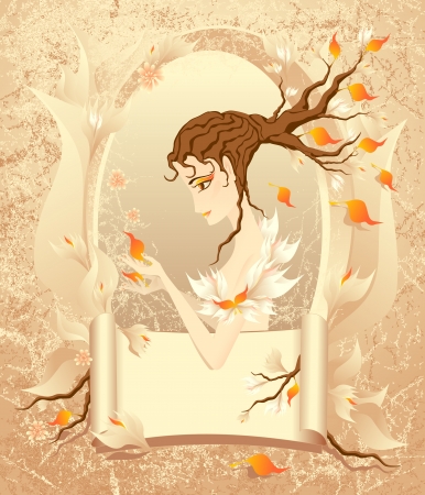 Autumn girl with a scroll on grunge backgroundのイラスト素材