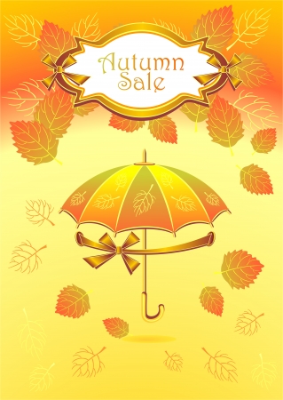 Autumn background with label bows ribbons leaves umbrellaのイラスト素材