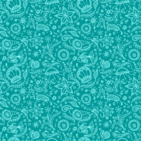 Handmade seamless pattern or background with abstract marine world in blue cyan colorsのイラスト素材