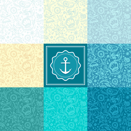 Set handmade seamless pattern or background with abstract marine worldのイラスト素材