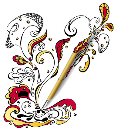 Gold Draw pen with doodle on white. Concept creativity or advertising graphic program or devices or Tattoo parlor.のイラスト素材
