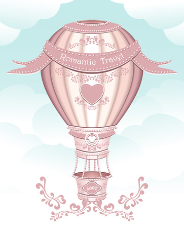 Balloon with hearts ribbons flowers. Concept romantic travel or Wedding or love or congratulation Valentines Dayのイラスト素材