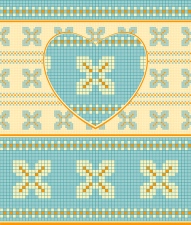 Background with heart in Ukrainian ornament in blue orange beige colorsのイラスト素材
