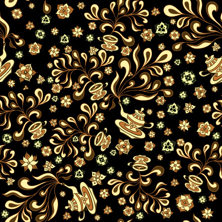 Seamless pattern in doodle style for Tea in doodle style for advertising Tea or for  package or template  in gold black colorsのイラスト素材