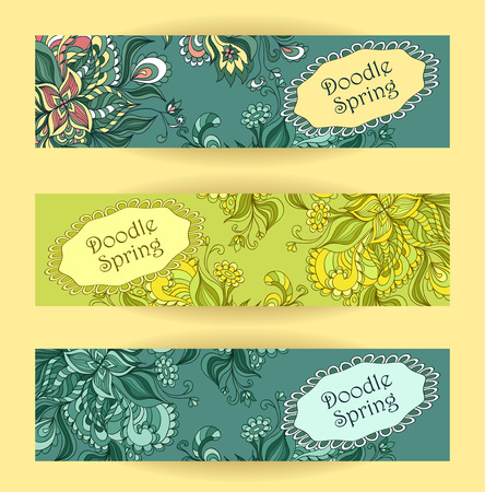 Set Doodle floral banners in blue marine green colors for advertising spring summer sale  or for advertising different  thingsのイラスト素材