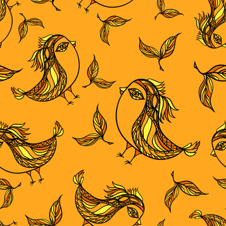 Seamless pattern with doodle ethnic birds in orange colors for using in different design thingsのイラスト素材