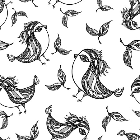 Seamless pattern with doodle ethnic birds in white black colors for using in different design thingsのイラスト素材