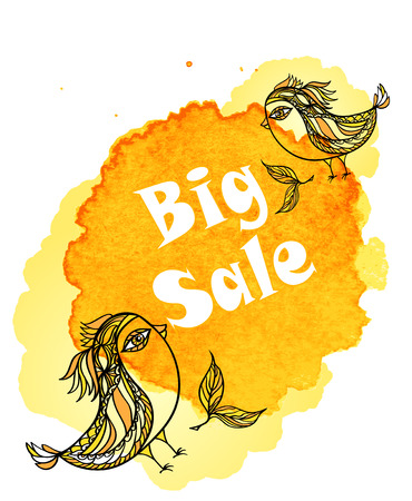 Birds in doodle style with inscription Big Sale  in Watercolor stain. Creative Concept message Big Sale or template banner of  Big saleのイラスト素材